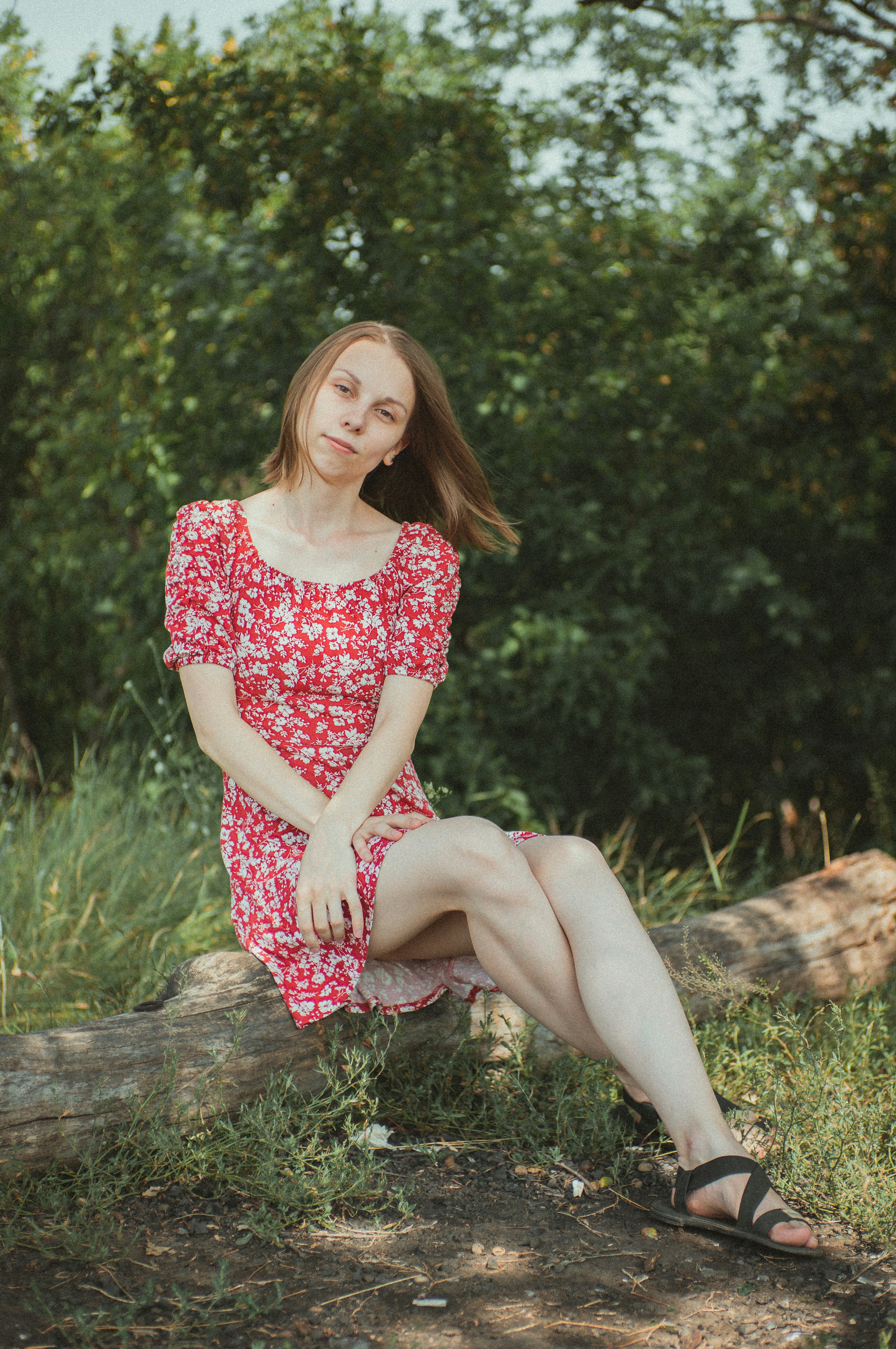 woman in red and white floral dress sitting on brown log